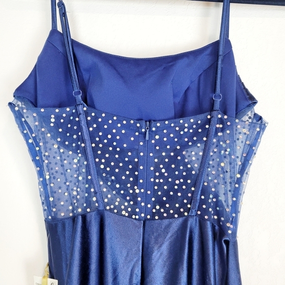 NWT TLC Say Yes Juniors Pleated Illusion Trim Rhinestone Corset Gown in Navy - Picture 8 of 13